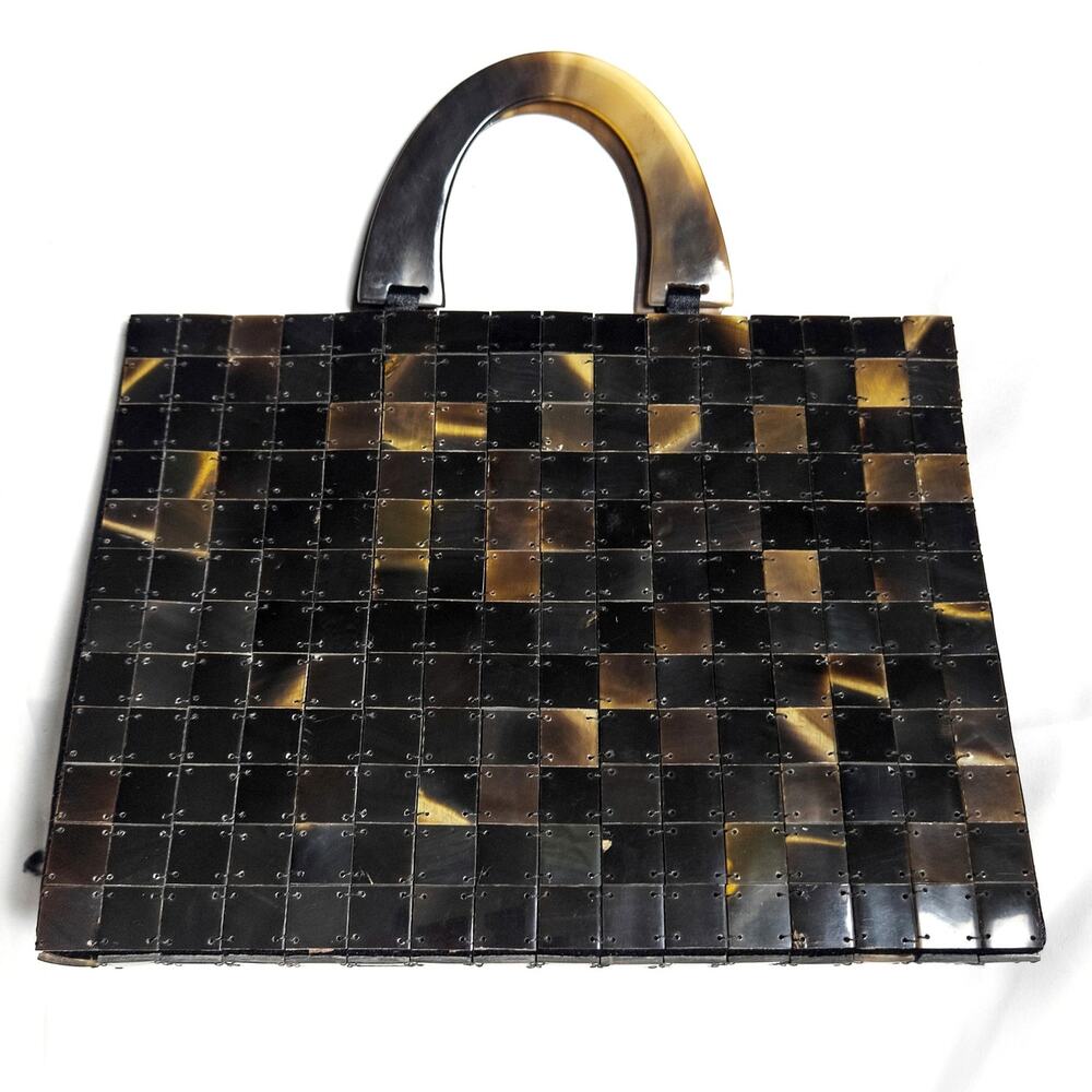 Vintage Mosaic Tile Handbag Brown Black Sculptural Top Handle Purse - Picture 1 of 7